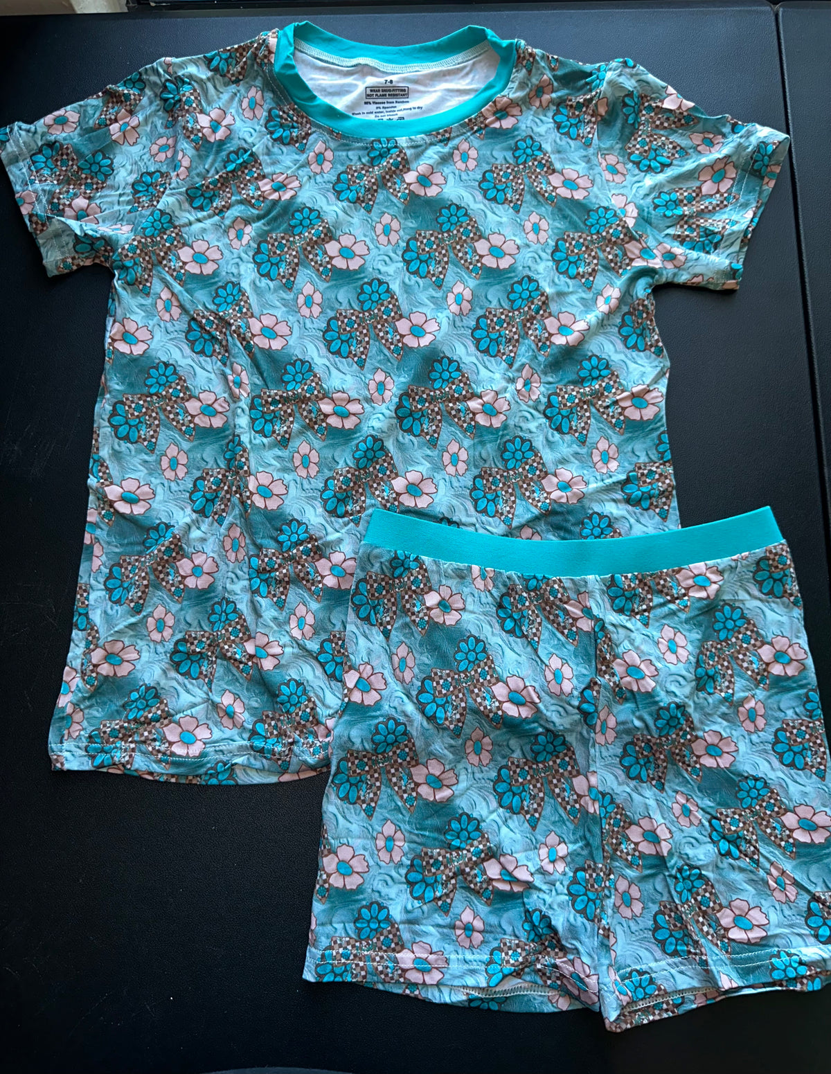 🩵 Turquoise Floral Bows 2Pc Set